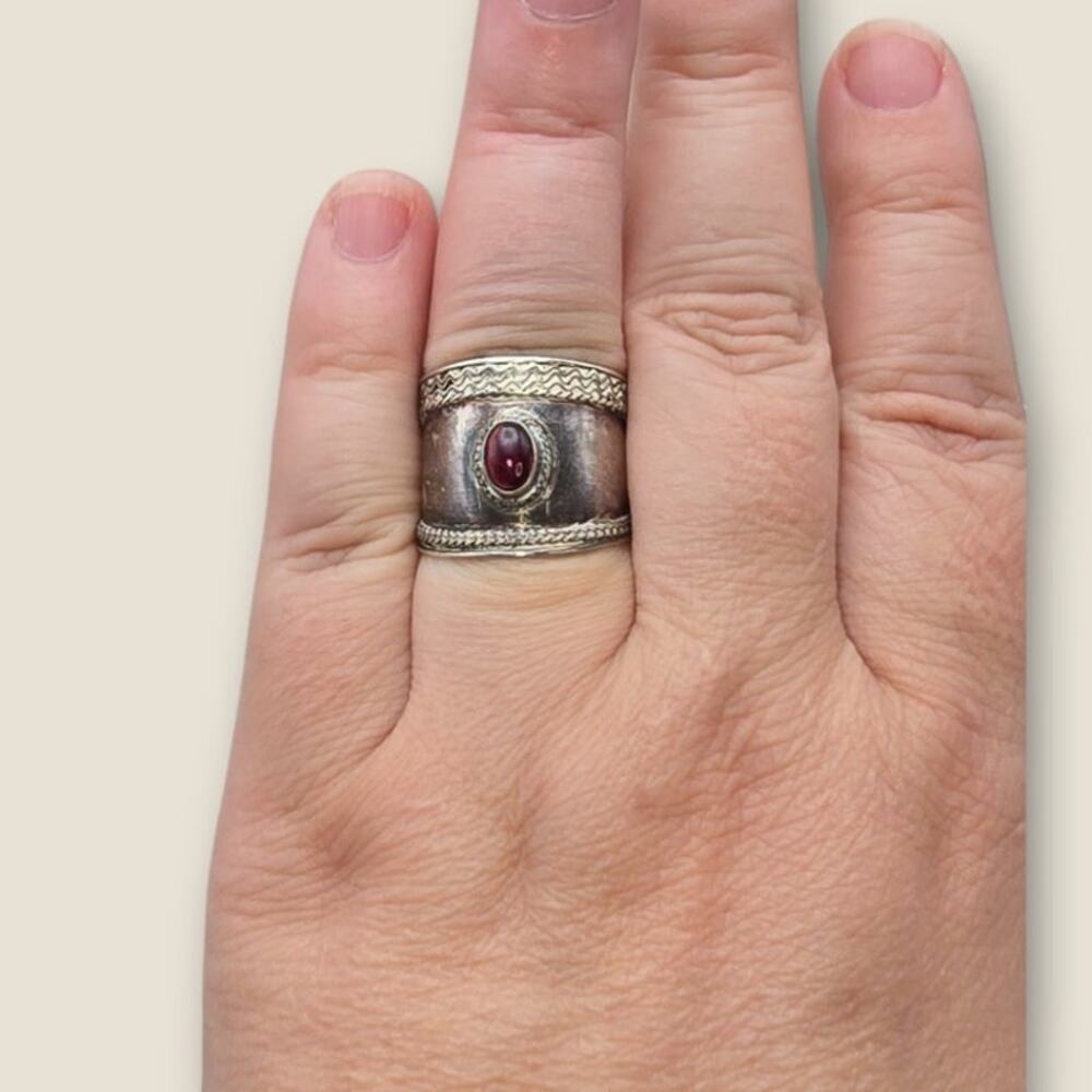 Garnet Cabochon Wide Band Ring Sterling Silver 925 - Heirloom Artisan